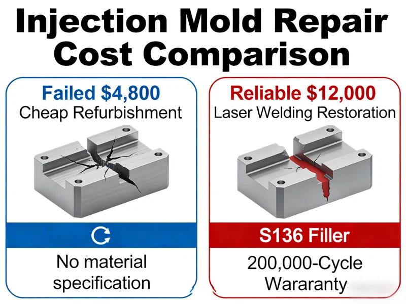 Injection mold repair cost comparison showing a failed $4,800 cheap refurbishment versus a reliable $12,000 laser welding restoration with S136 filler and 200,000-cycle warranty